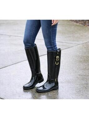 COACH Boots! - Black Shiny Finish Rubber Boots - Knee Height-  Size 10